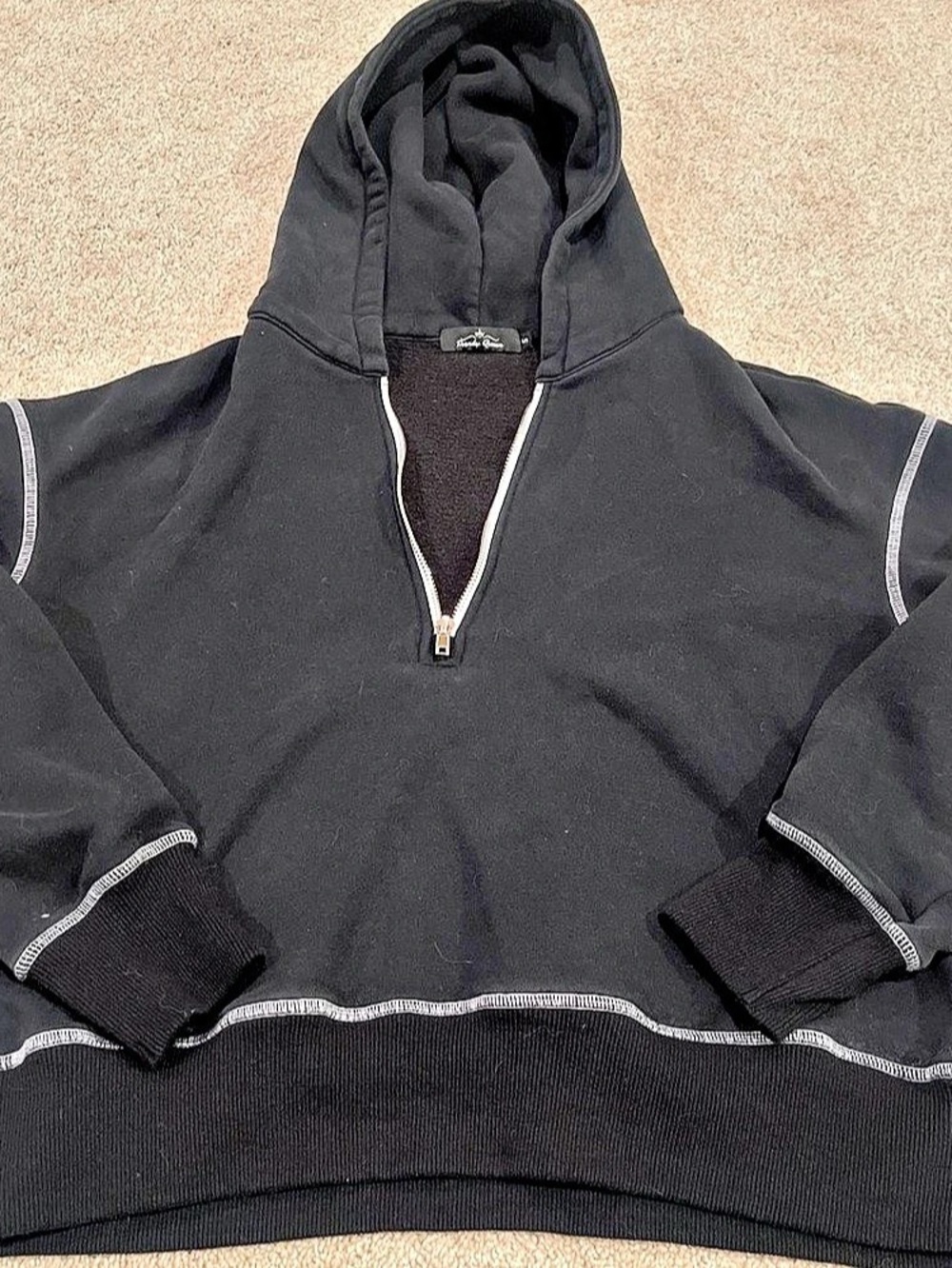 Trendy Queen Quarter Zip Contrast Stitch Hoodie Black Small